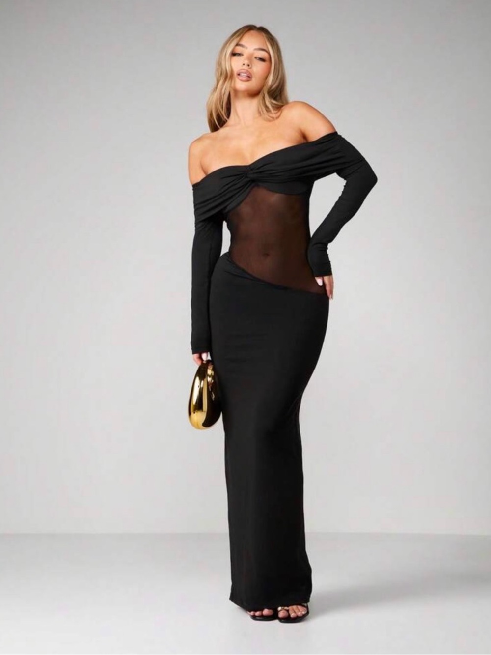 Missguided Black Off-Shoulder Long Sleeve Mesh Maxi Dress